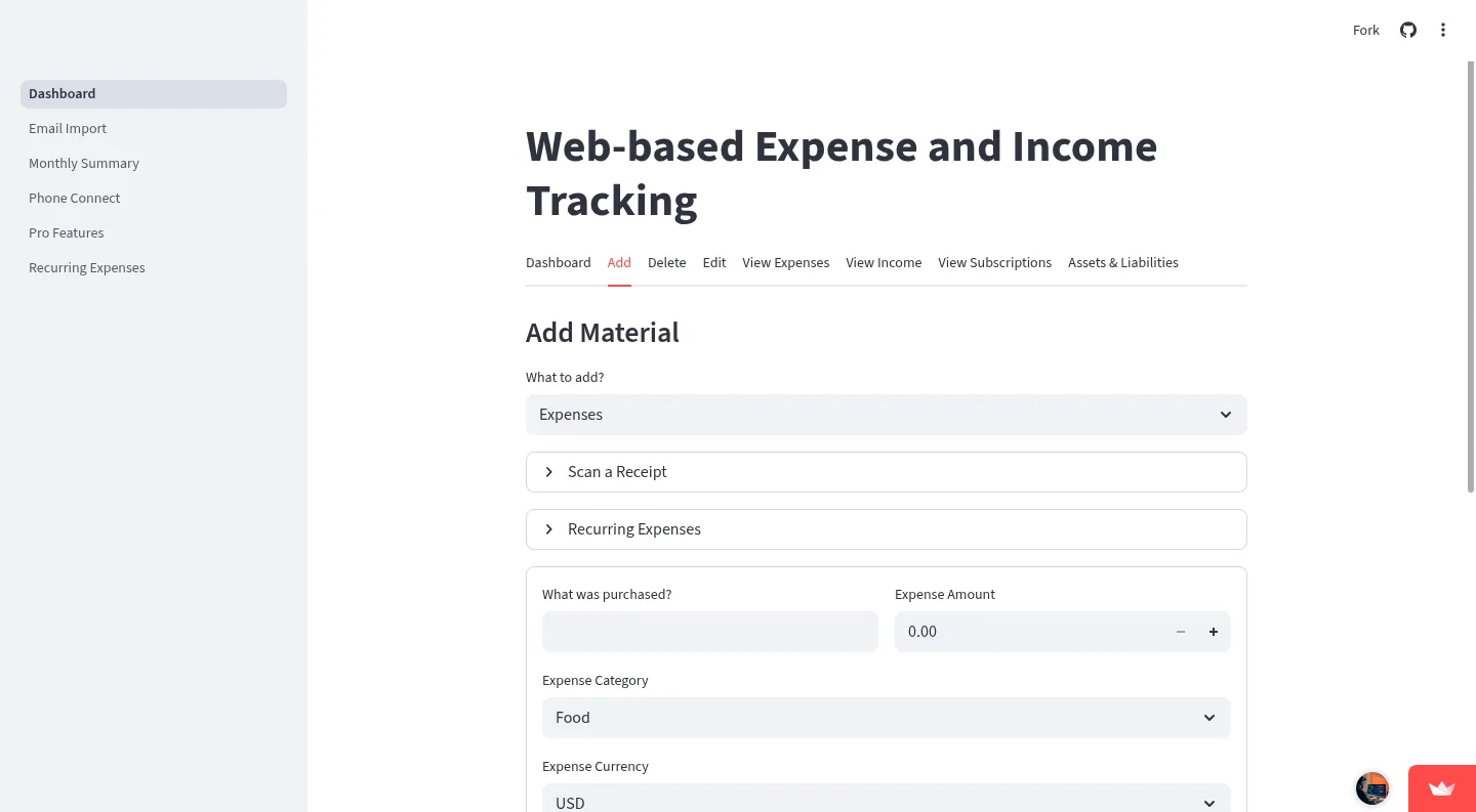 Finance Kit Add tab showing the expense entry form, category selector, currency selector, and receipt and recurring expense panels.
