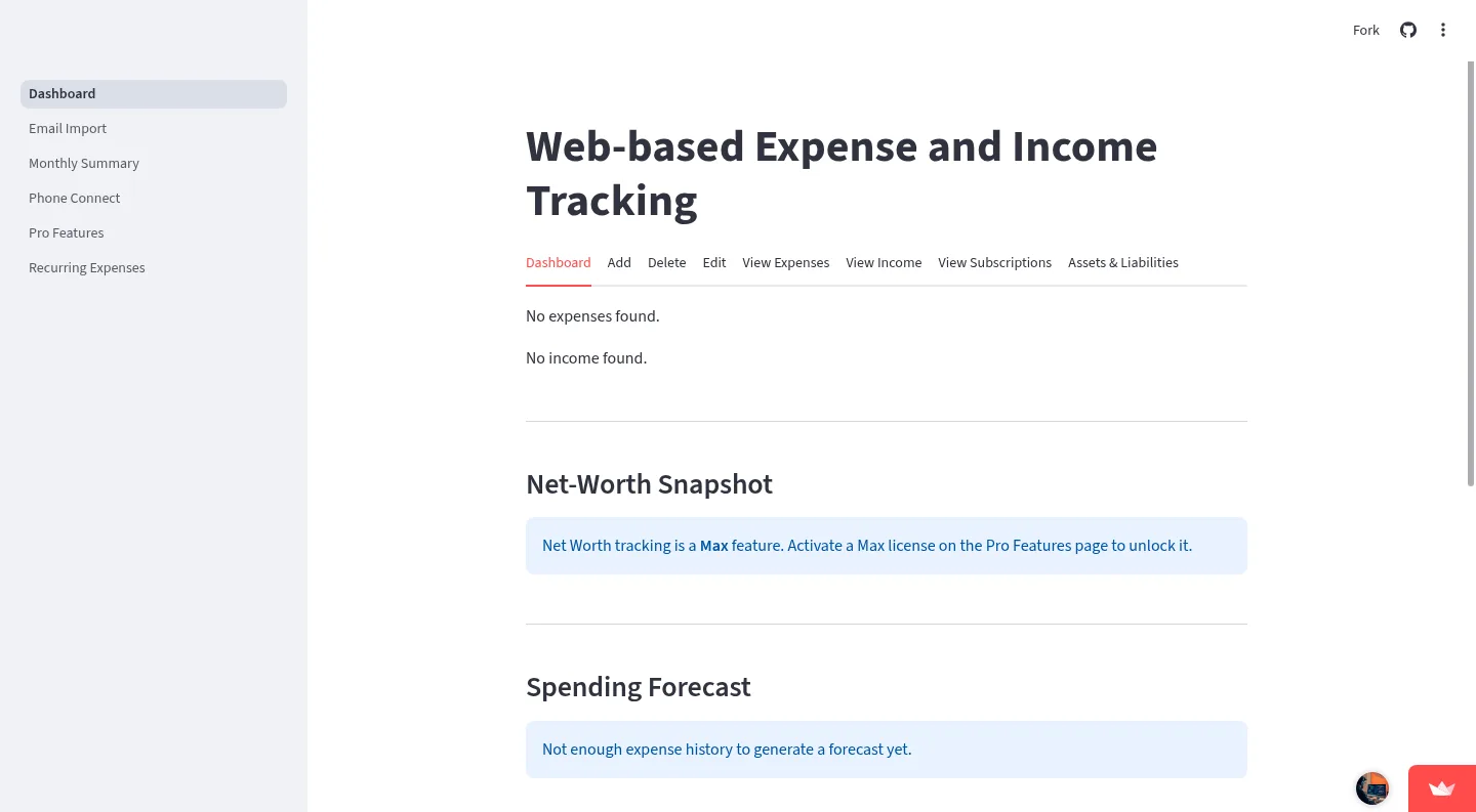 Finance Kit Streamlit dashboard with expense and income tracking tabs, empty states, and finance feature panels.