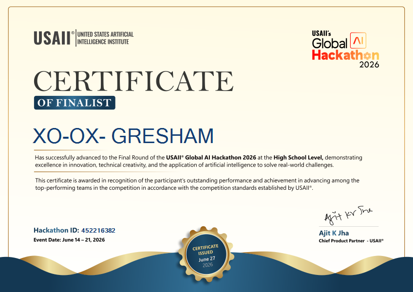 USAII Global AI Hackathon 2026 Certificate of Finalist, High School Level
